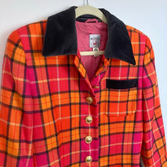 Vintage Mondi Womens M Pink Orange Plaid 100% Wool Power Blazer Preppy Retro - Picture 3 of 14
